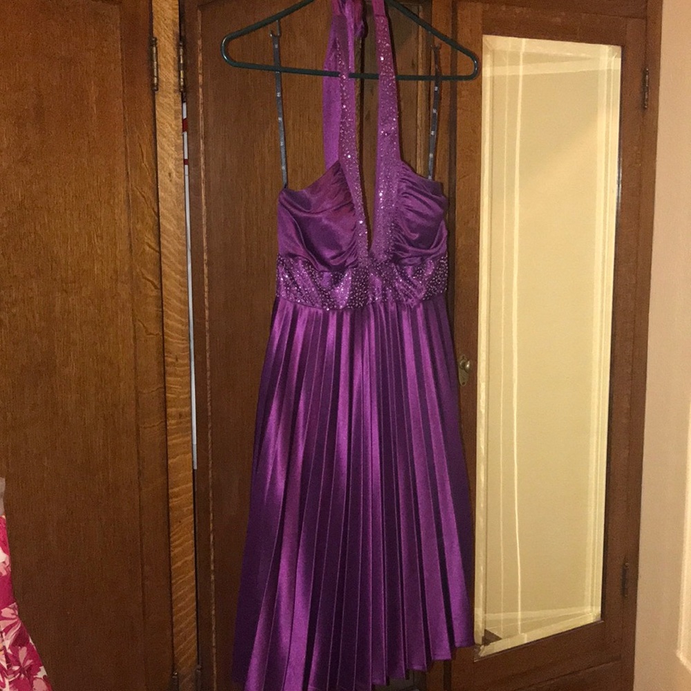Purple pleated halter dress